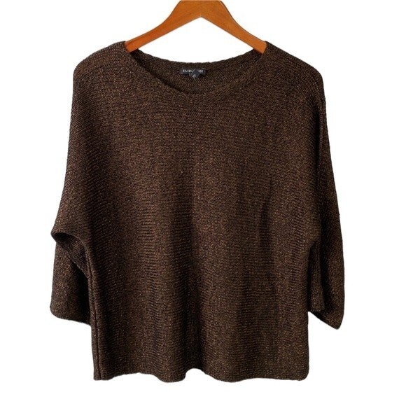 Eileen Fisher Organic Linen Loose Knit 3/4 Dolman Sleeve Sweater Metallic - Picture 6 of 16